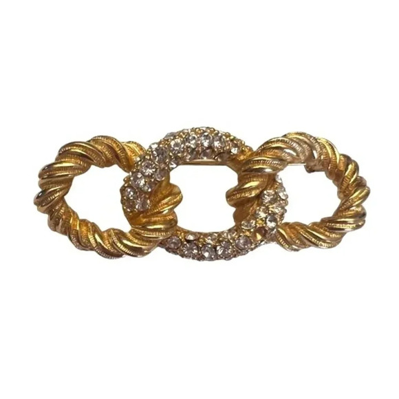Vintage Christian Dior Twisted Chain Link Pave Rhinestone Brooch Pin Gold Tone - Picture 1 of 2